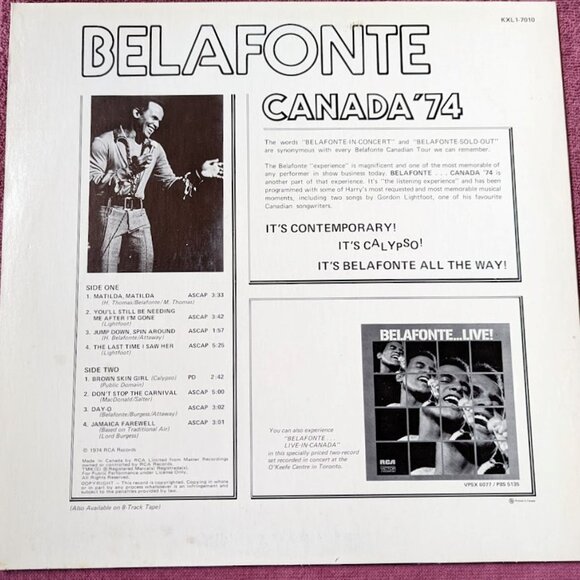 20% OFF Vintage Harry Belafonte Vinyl LP – Belafonte Canada ’74 - Picture 2 of 6